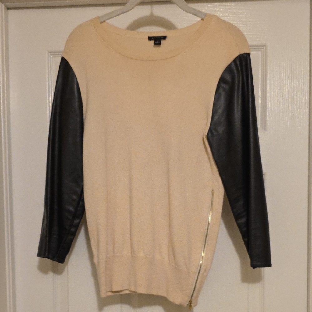 Ann Taylor SMALL Cream Sweater with Black Faux Leather Sleeves